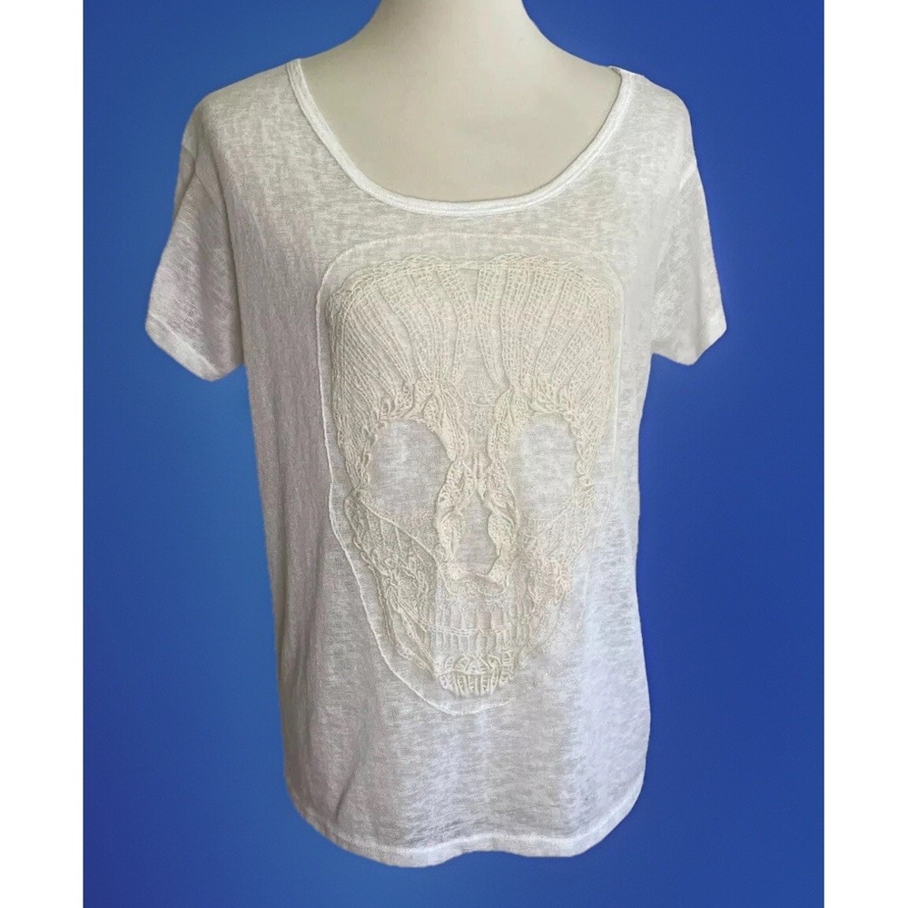 M Fasis Top Womens XL Crochet Skull White Semi Sheer Short Sleeve Rock Biker